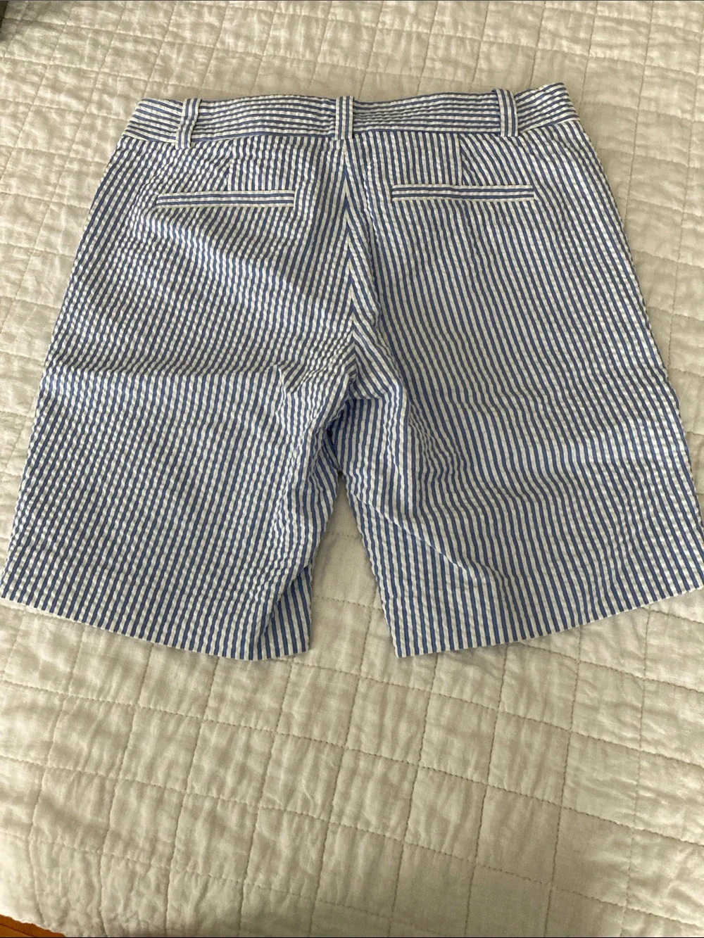 J. Crew Blue and White Striped Seersucker Flat-Front Shorts
